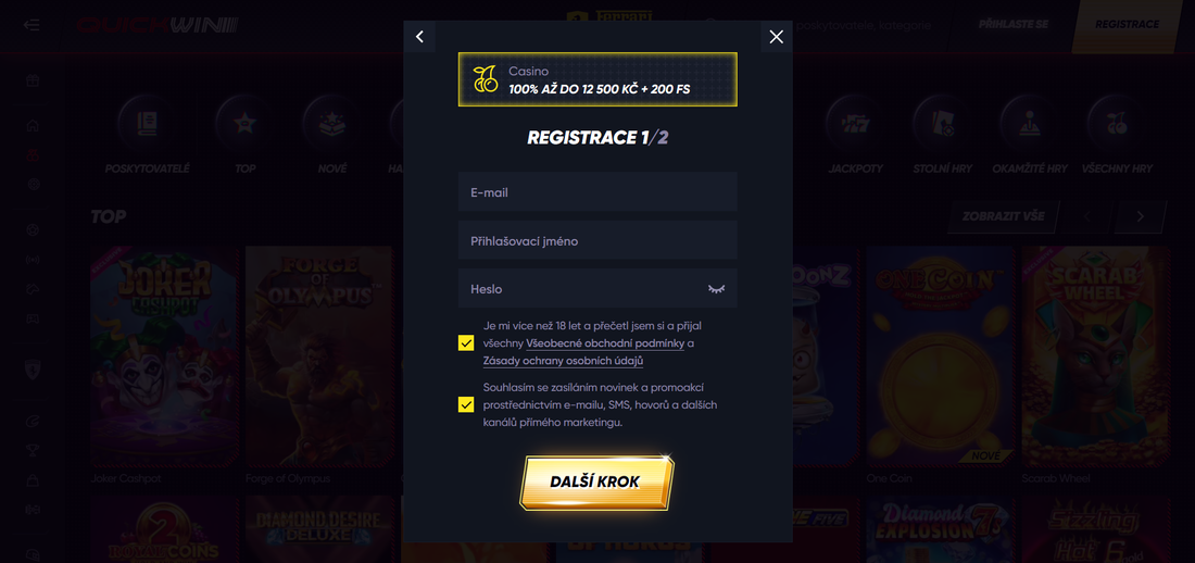 Registrace v kasinu Quickwin online
