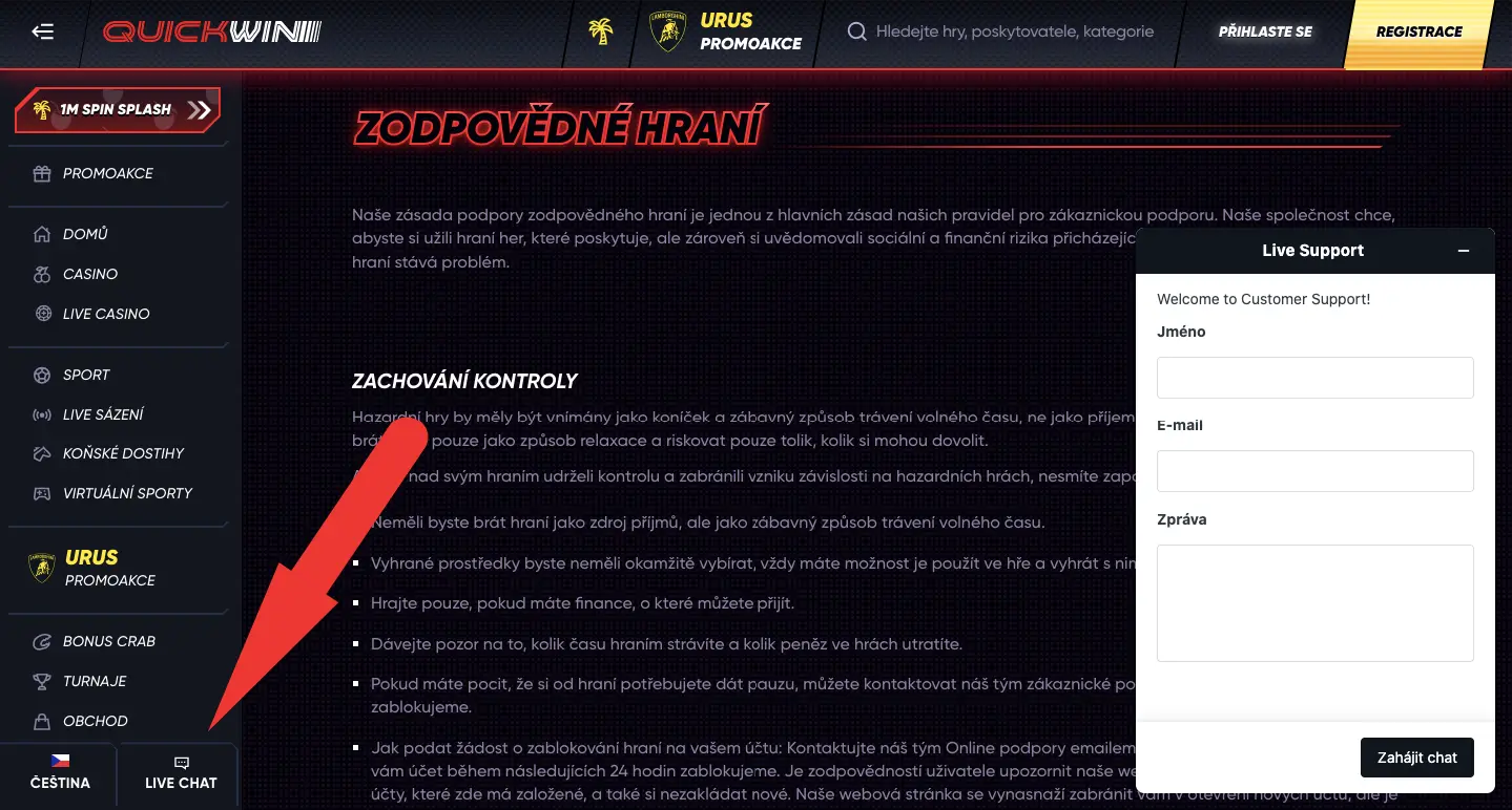 Ikona zákaznické podpory Quickwin Casino: živý chat, pomoc hráčům